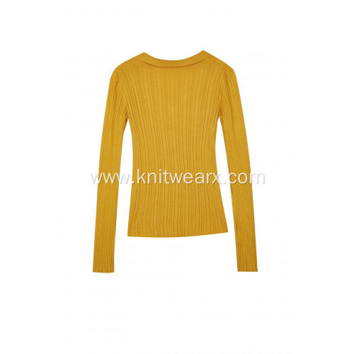 Women's Knitted Polo V-Neck Ribbed Pullover